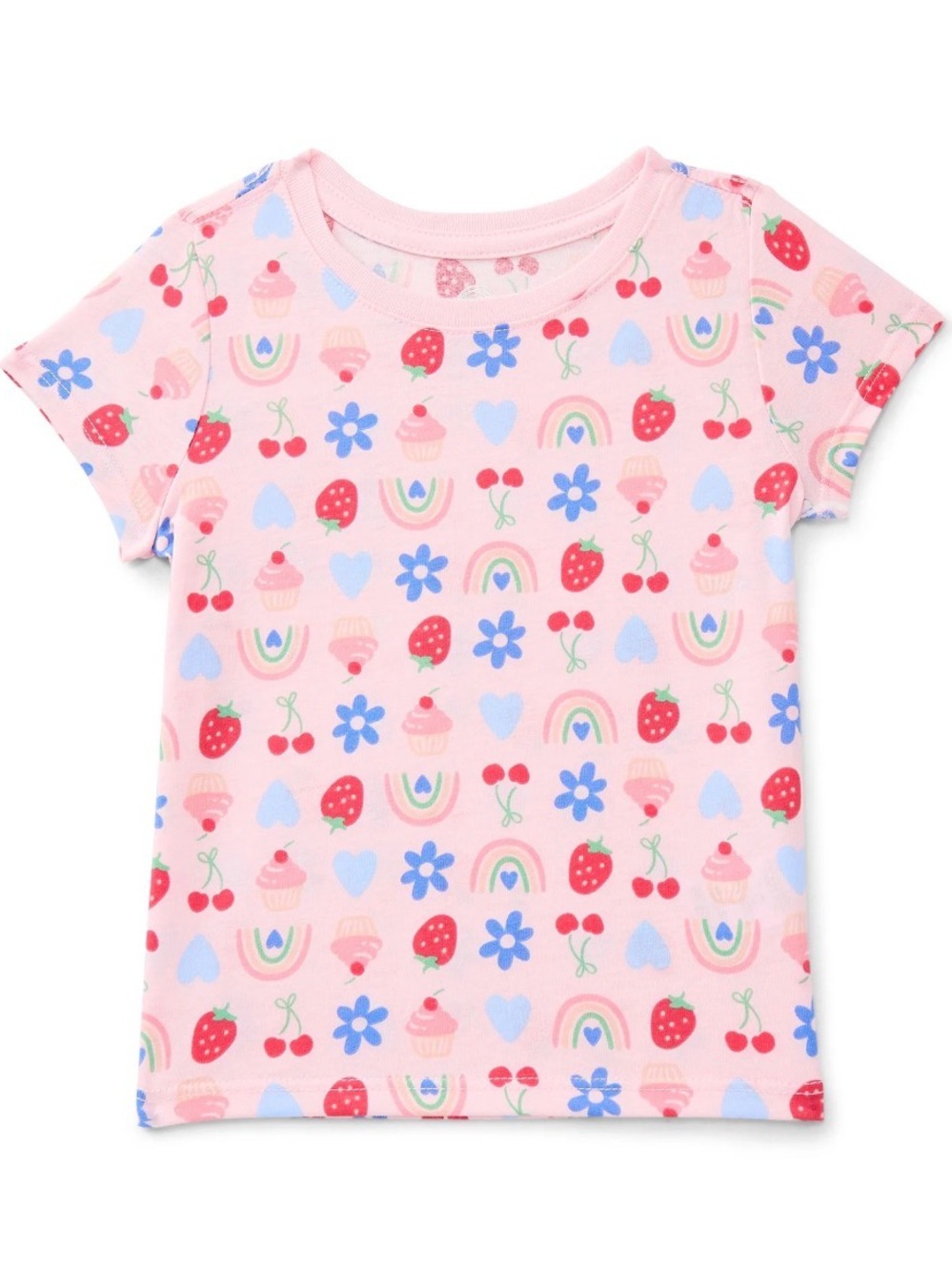 Girls' Pink Strawberry & Rainbow Print Short Sleeve Top